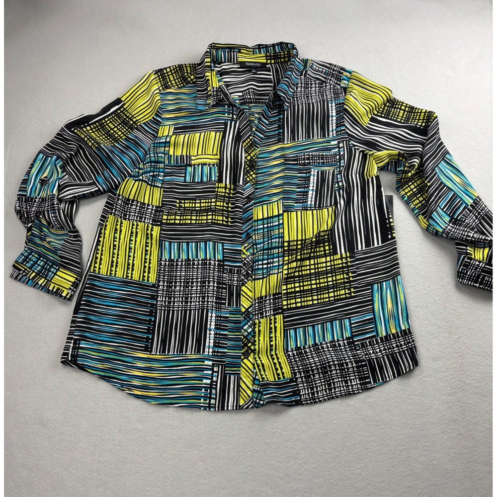 Relativity Womens XL Blouse Button Front Shirt Geometric Line Print Roll Tab NWT